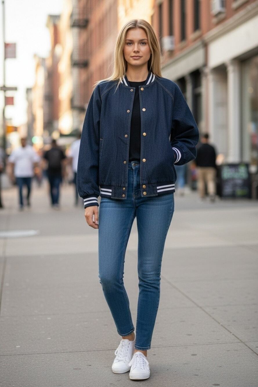 New With Tags Denim Varsity Bomber Jacket Size M